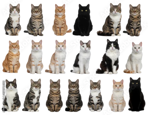 Fototapeta Group of various domestic cats in row: tabby, calico, orange, black, and white-coated felines