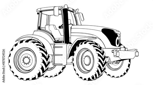 Black and white vector illustration of a sleek modern agricultural tractor in side view with bold black outlines and solid black fills on a pristine clean white background in a flat design style with 