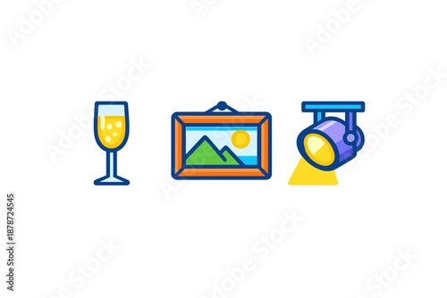 Champagne glass, framed picture and spotlight icons with glowing effects