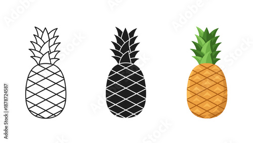 Three pineapples in black and white and color on white background