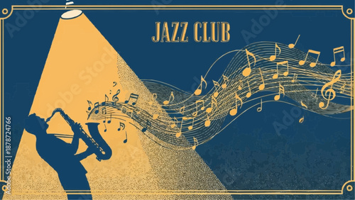 A vintage jazz club poster featuring a saxophone player illuminated by a spotlight with musical notes swirling around