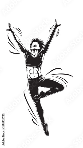 Dynamic black and white silhouette of a jubilant jumper with cape in mid air.
