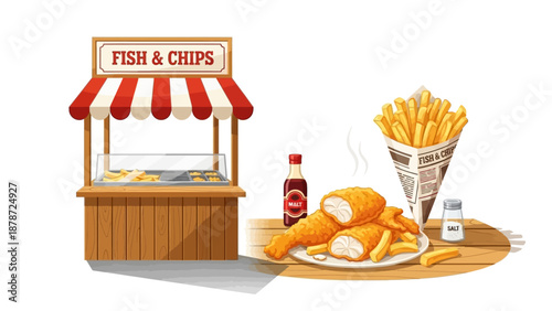 Fish and Chips Stand with Fried Food and Condiments.