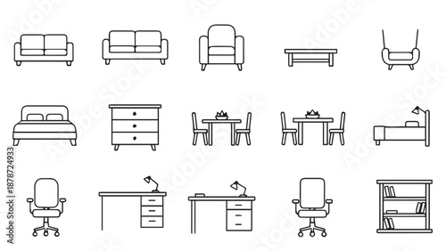 Collection of contemporary furniture icons showing beds, chairs, tables, desks, and dressers in a clean vector layout.