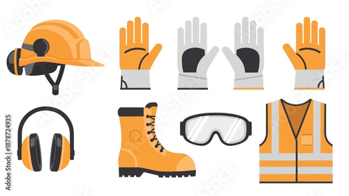 Safety Gear Set - Hard Hat, Gloves, Boots, Goggles, Vest, and Earmuffs.