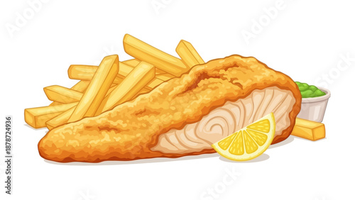 Illustration of Fish and Chips with Lemon and Peas.
