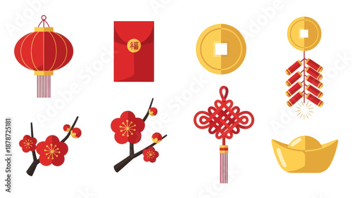 Chinese New Year symbols: lanterns, red envelopes, coins, firecrackers, plum blossoms, knot, gold ingot