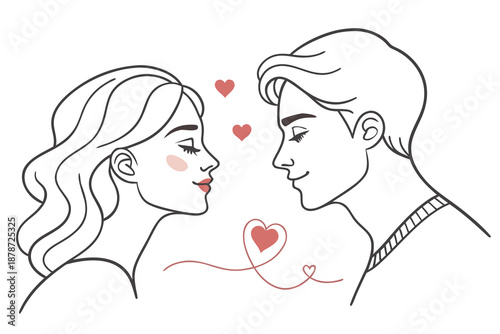 Minimalist line art illustration of a romantic couple's profile faces gazing at each other with subtle blush and red hearts floating symbolizing love and connection perfect