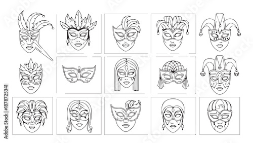 Collection of outlined theatrical masks in a grid showing diverse expressions and line art styles for design projects.
