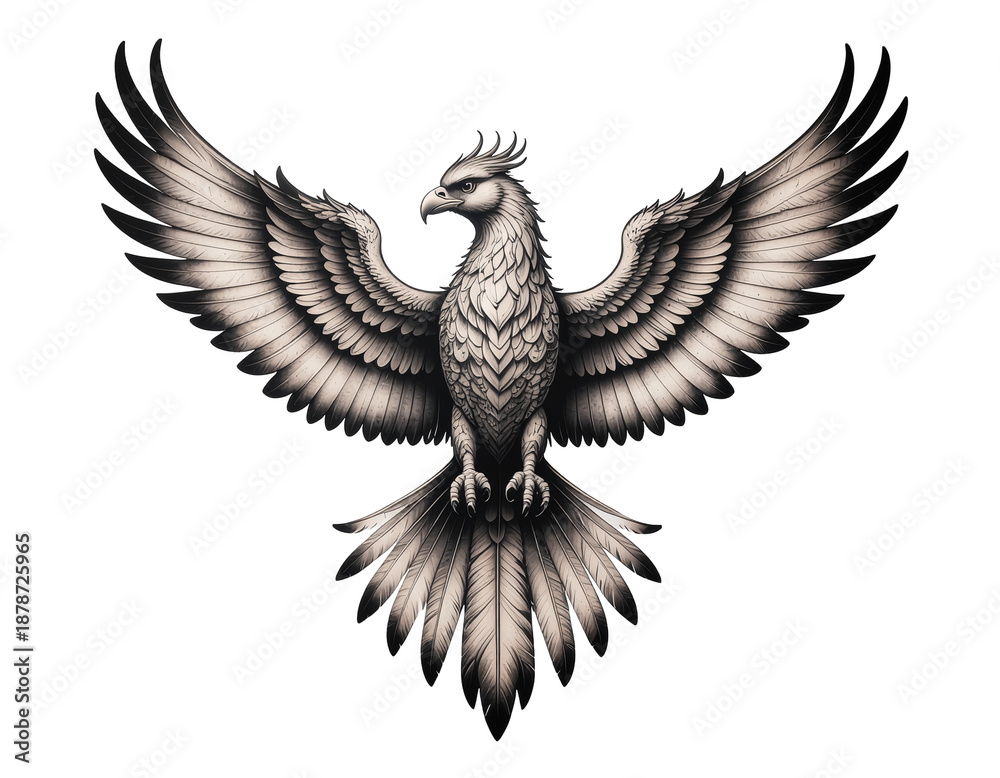 Fototapeta premium Majestic stylized eagle with outstretched wings, monochrome ink drawing with detailed feather textures