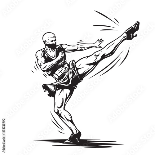 Dynamic martial arts high kick illustration of a muscular fighter performing a powerful kick.