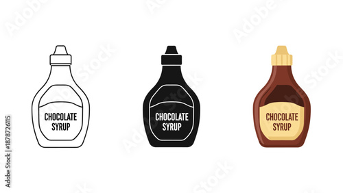 Chocolate syrup bottles in black white and brown on white background