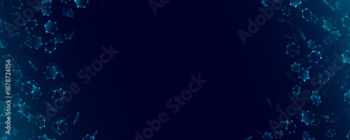 Abstract molecular flying hexagons connected by dots for medical background or scientific research presentation. Vector illustration.