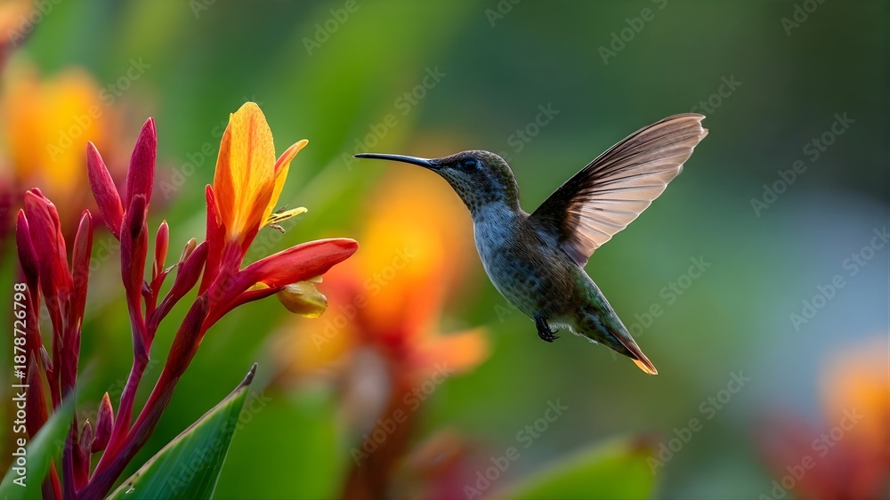 Naklejka premium A hummingbird hovering near a bright tropical flower, wings frozen in motion, soft blurred background, macro wildlife style