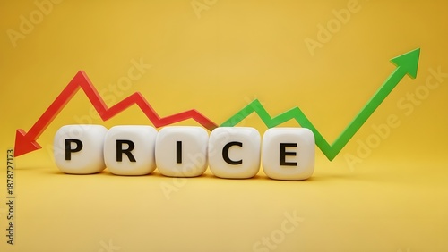 Price fluctuation illustrated by letter cubes and opposing trend arrows on a yellow background