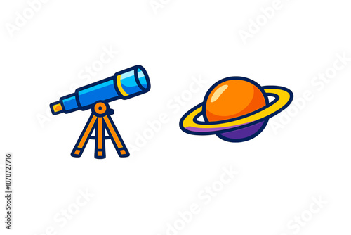 Cartoon telescope and planet with rings on dark background