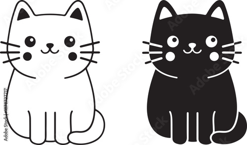 Adorable black and white cartoon cats sitting together with cute expressions isolated on white background