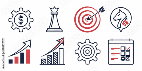 A collection of line art icons represents key business concepts including finance goals, strategy, performance metrics, and scheduling.
