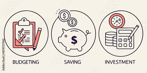 Three sequential icons demonstrate core financial concepts including budgeting tasks, saving coins in a bank, and investment planning with a calculator.