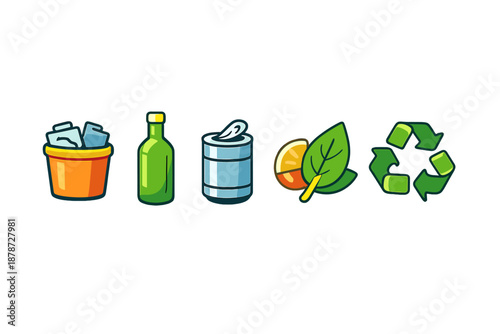 Recycling symbols with trash can, bottle, can, and fruit