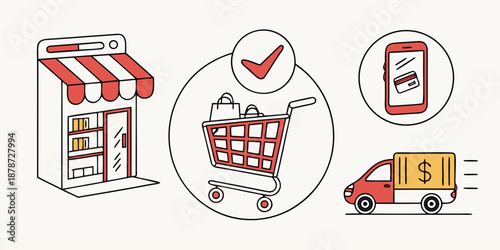 E-commerce icons illustrate the process of online shopping including a storefront, shopping cart, mobile payment, and fast delivery truck.
