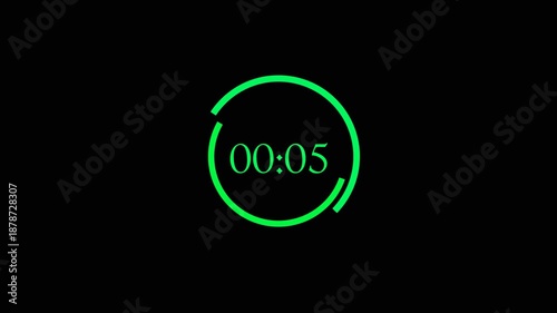 green Neon Circular Countdown Timer 5 Seconds Digital Animation on Black Background.