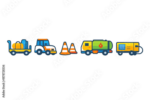 Collection of cartoon construction vehicles on a gradient background