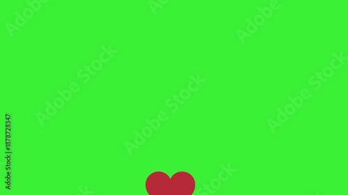 Like heart animation on green background for social media . Red flying hearts pop burst