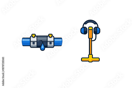 Leaking pipe and microphone with headphones icons