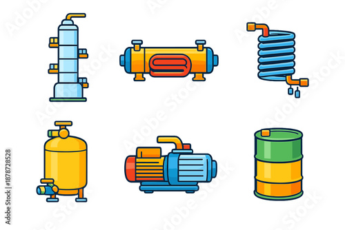 Industrial equipment icons on a dark background