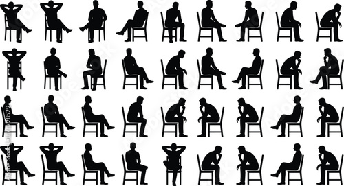 Seated human silhouette poses, chair posture variations, emotional body language icons, black vector set - flat vector illustration