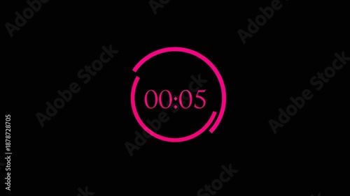Pink Neon Circular Countdown Timer 5 Seconds Digital Animation on Black Background.