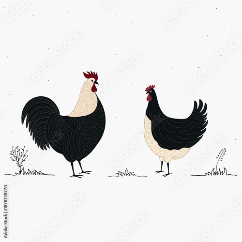 Pattern with two cute cartoon chickens  on white background