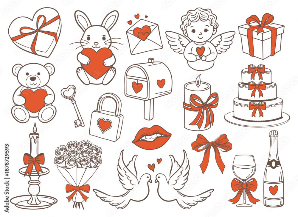 Naklejka premium Sweet Valentines Day line art icons set. Romantic collection of hand drawn love and Valentines Day elements.
