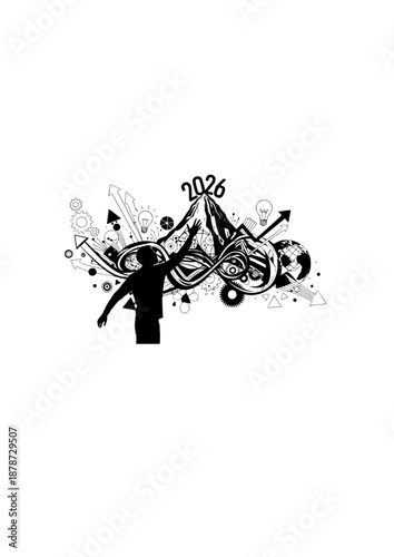 2026 Business Goals Achievement Silhouette, Person Reaching for Success, Creative Vision and Future Planning Surreal Vector Art