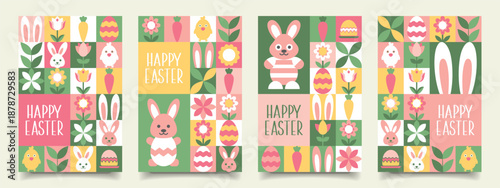 Set of cute Easter posters with bunnies, eggs, flowers in square shapes. Colorful geometric cards.