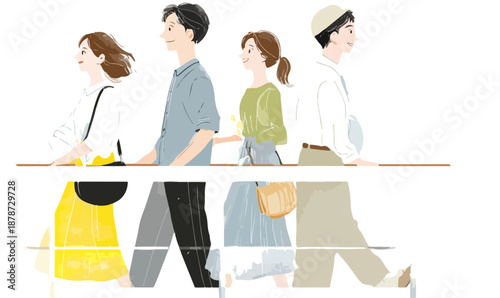 투명한 배경 위에서 나란히 서 있는 네 명의 젊은 남녀 일러스트, 캐주얼한 복장과 밝은 표정