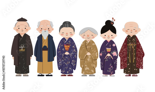 다양한 복장을 한 일본 전통 의복을 입은 여섯 명의 귀여운 캐릭터 일러스트