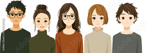 다양한 스타일의 젊은 남녀 5명이 나란히 서서 카메라를 응시하는 모습