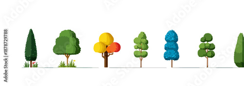 다양한 스타일의 투명한 배경에 그려진 다채로운 나무 일러스트 컬렉션