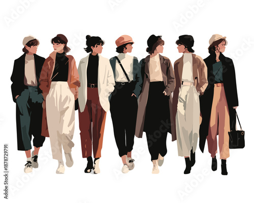 다양한 스타일의 젊은 여성 그룹이 패션 감각을 뽐내며 나란히 서 있는 모습