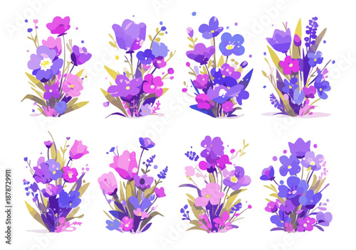 다채로운 보라색과 분홍색 꽃다발들이 투명한 배경에 모여 아름다운 봄의 정취를 선사합니다.