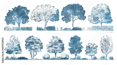 다양한 종류의 나무와 덤불이 그려진 일러스트레이션, 투명한 배경에 디자인 요소로 활용 가능