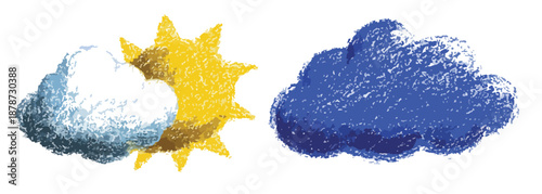 맑은 날과 흐린 날의 날씨 변화를 상징하는 태양과 구름 일러스트