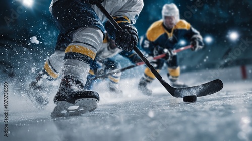 Capturing the intense action of a hockey game, this dynamic image showcases players in motion, skating fiercely on ice, highlighting the thrilling nature of sports and competition.
