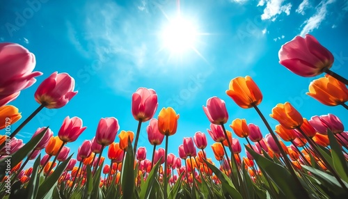 A vibrant field of pink and orange tulips stretching towards the bright sun in a clear blue sky