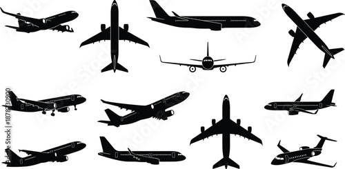 Airplane silhouettes set, commercial passenger aircraft in different views, flying landing takeoff angles, minimal black vector aviation illustration