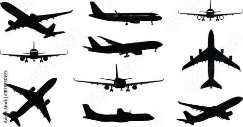 Airplane silhouettes collection, passenger aircraft from multiple angles, flying landing takeoff views, commercial aviation concept, minimal black vector illustration