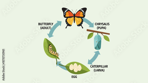 Butterfly life cycle diagram with four stages egg caterpillar chrysalis and adult butterfly