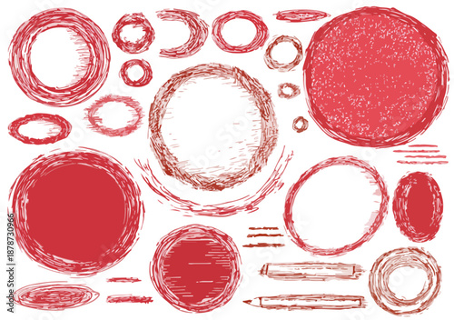 다양한 크기와 모양의 붉은색 텍스처 원형 프레임과 라인 아트 일러스트 모음